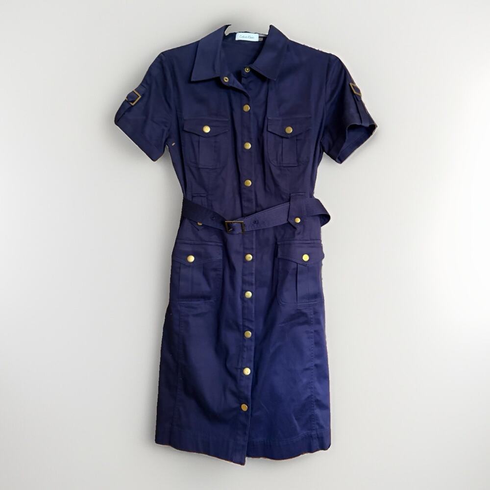 Calvin Klein Black Safari Shirt Dress 6P Belted Pockets Snap Front Womens